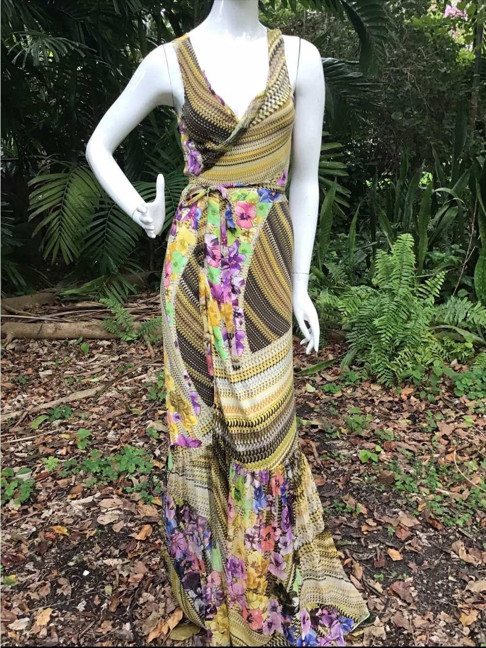 Vintage Y2K Floral Yellow Wrap Maxi Dress with V-Neck